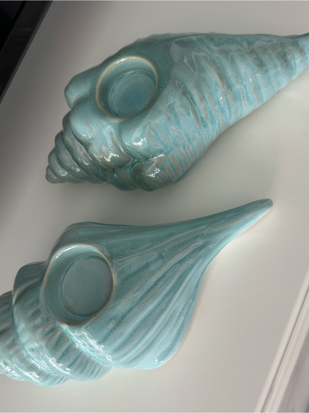 Set of Two Ceramic Conch Shell Tealight Candle Holder - Aqua/Blue